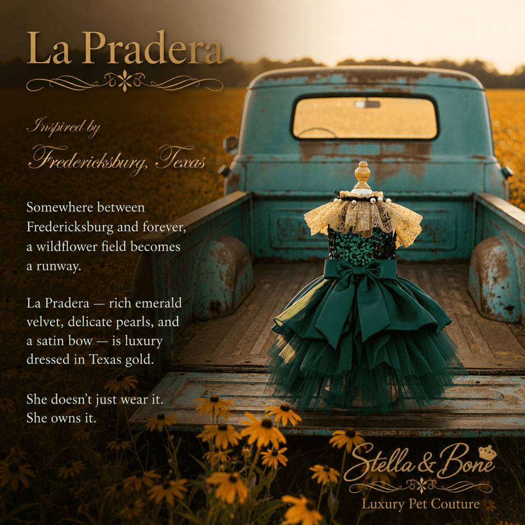 La Pradera Emerald Pearl Garden Dress Dogs and Cats, mannequin on the back of a pickup truck. Perfect for weddings