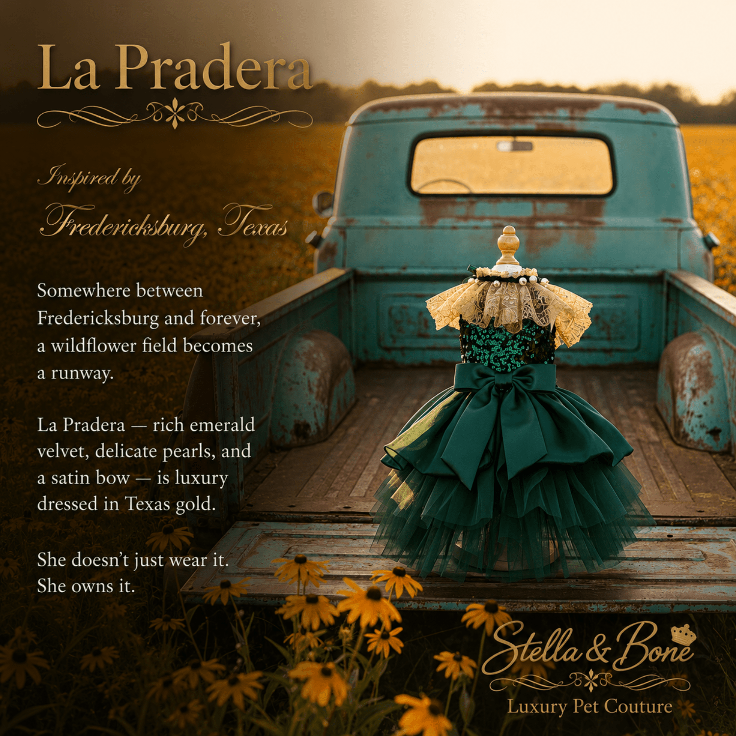 La Pradera Emerald Pearl Garden Dress Dogs and Cats, mannequin on the back of a pickup truck. Perfect for weddings