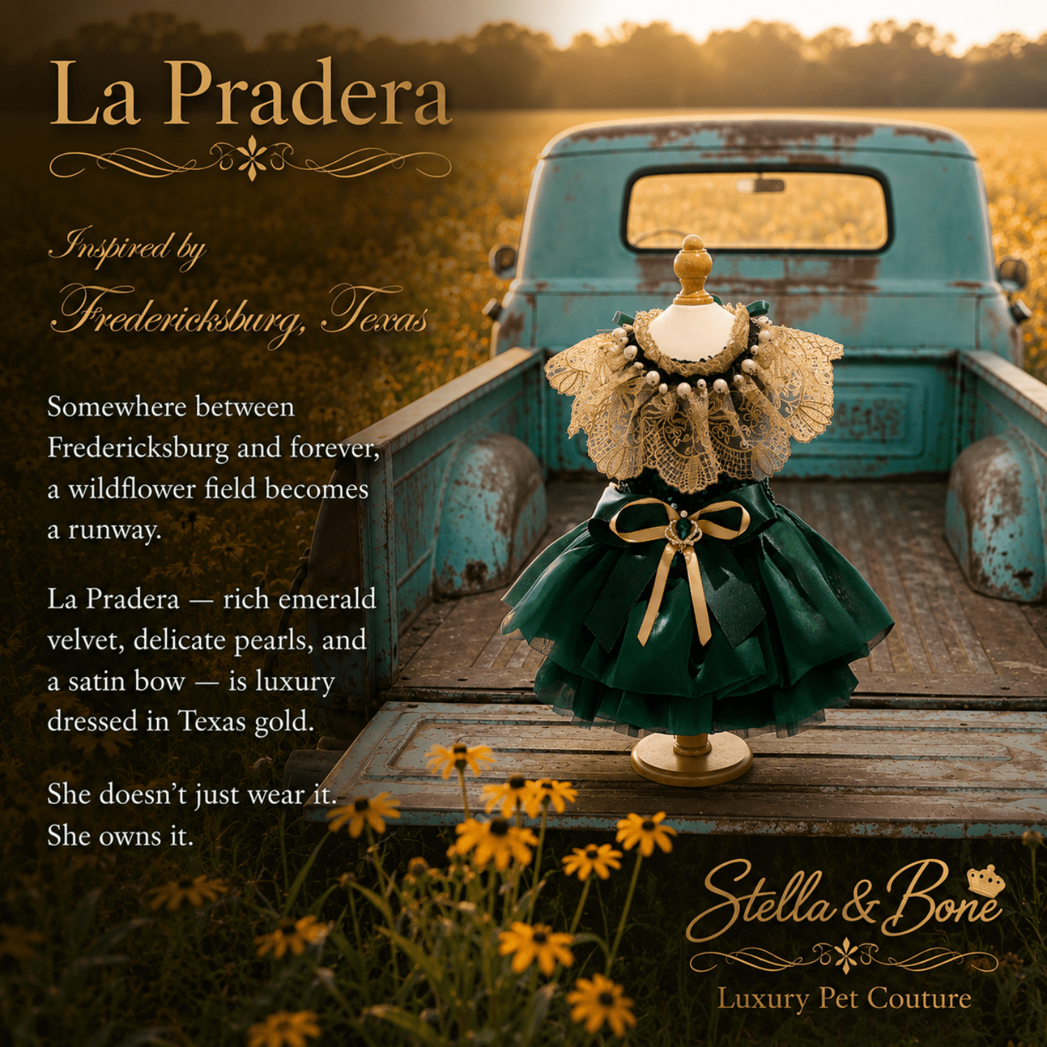 La Pradera Emerald Pearl Garden Dress Dogs and Cats — close-up of gold lace collar large pearls and emerald heart brooch