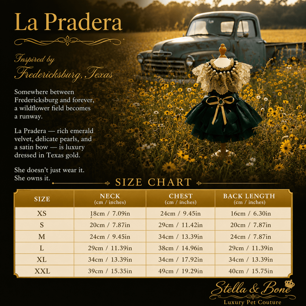 La Pradera Emerald Pearl Garden Dress Dogs and Cats — size chart XS to XXL for emerald pearl pet dress by Stella and Bone