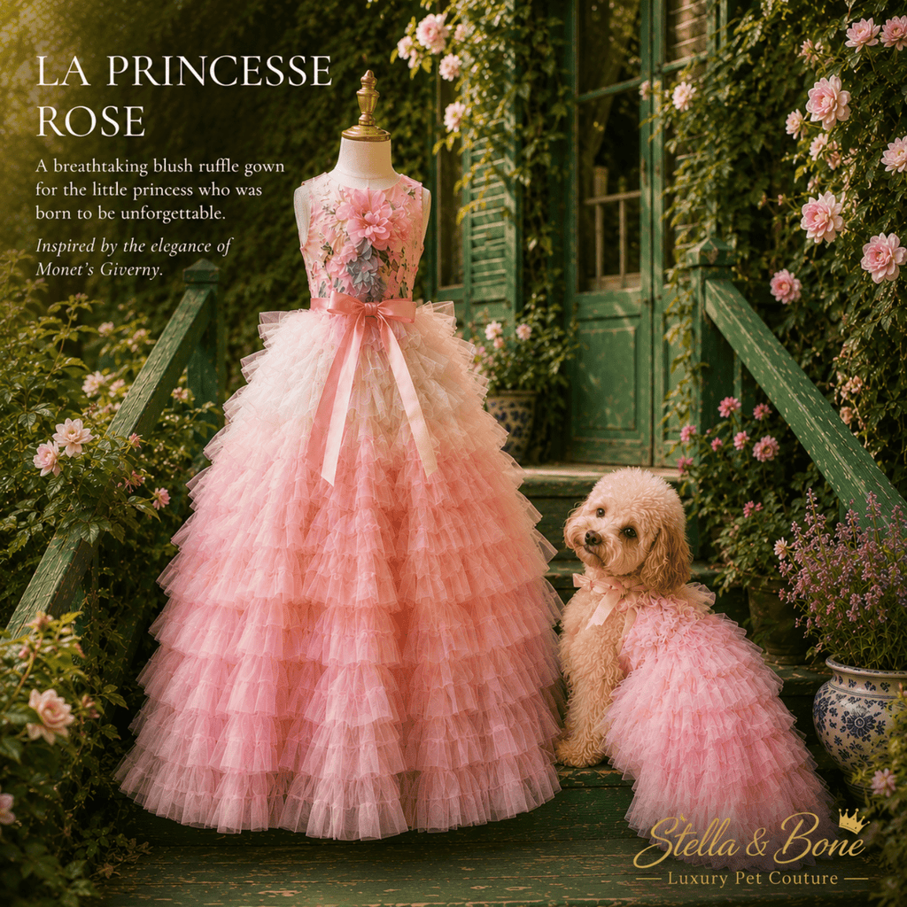 La Princesse Rose, dramatic multi-tiered ombre tulle skirt - blush to ivory, cascading ruffle. Luxury pet boutique online