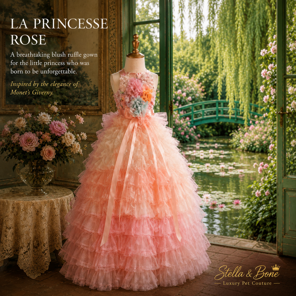 La Princesse Rose, formal pet ball gown. Light blush pink with a ruffled tiered skirt and a floral applique bodice.