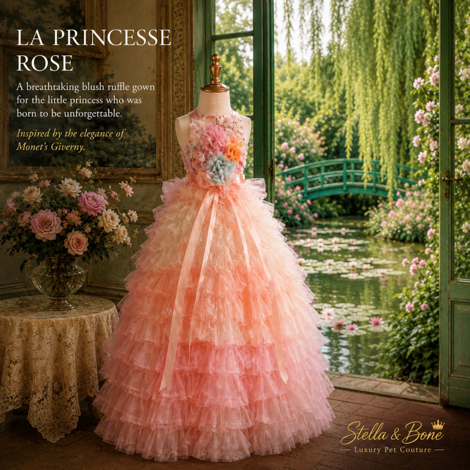 La Princesse Rose, formal pet ball gown. Light blush pink with a ruffled tiered skirt and a floral applique bodice.