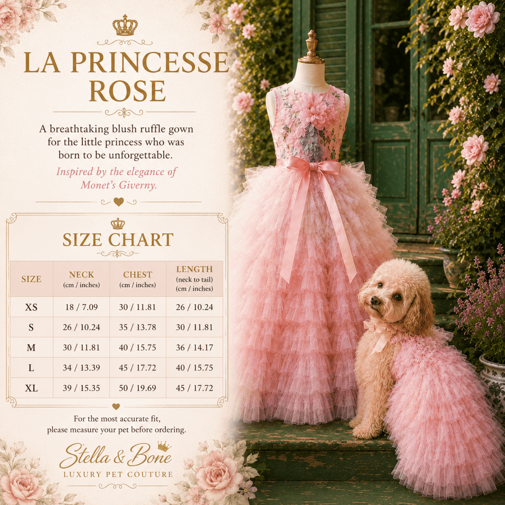 La Princesse Rose Size Chart, available in custom for a tailored fit. Couture pet flower girl gown, Luxury bridesmaid gown
