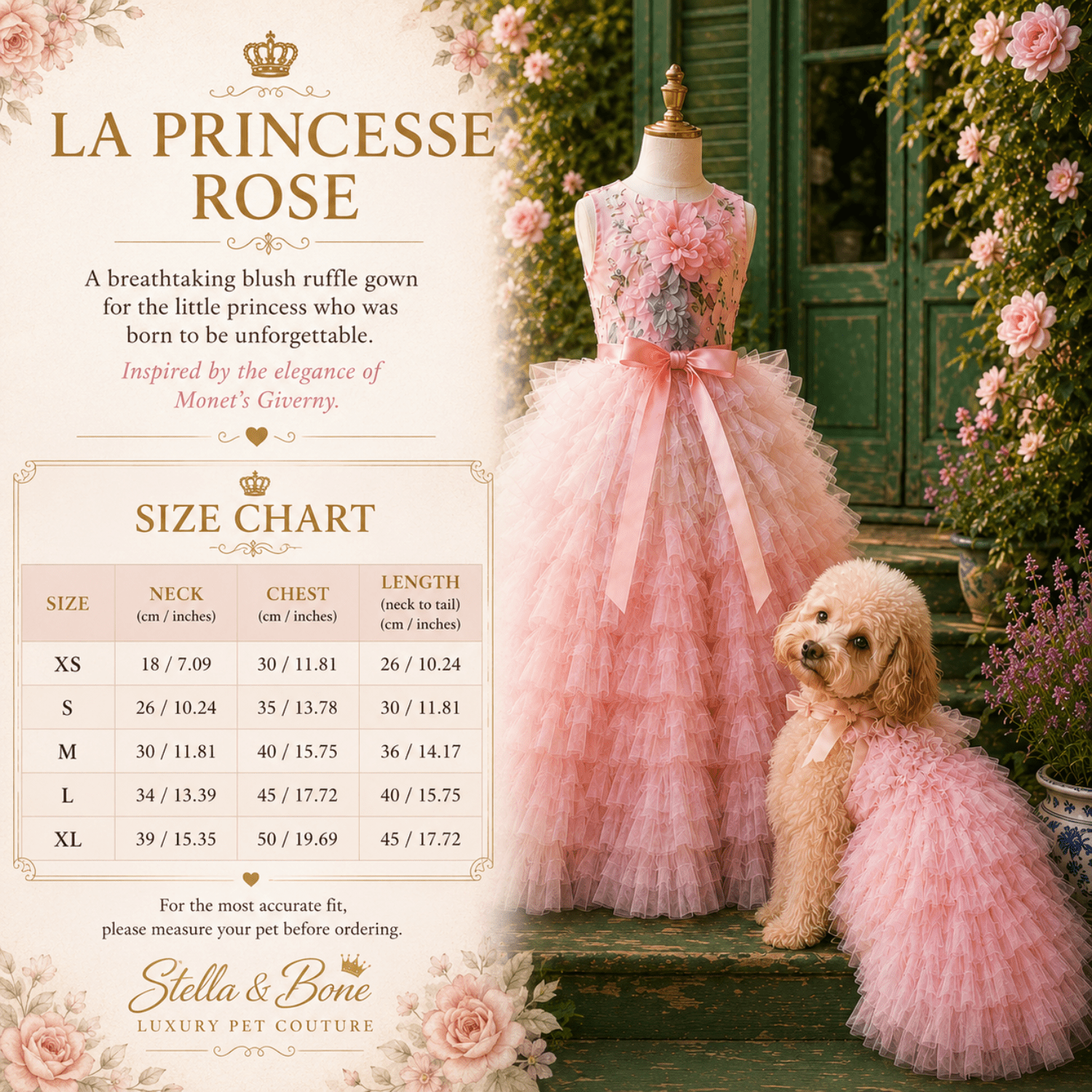 La Princesse Rose Size Chart, Pink tulle pet dress displayed on a mannequin next to a small poodle. Stella and Bone
