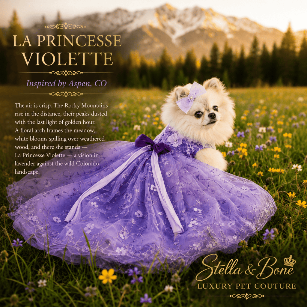 La Princesse Violette purple lavender dog gown — luxury princess gown for weddings birthdays and formal pet events