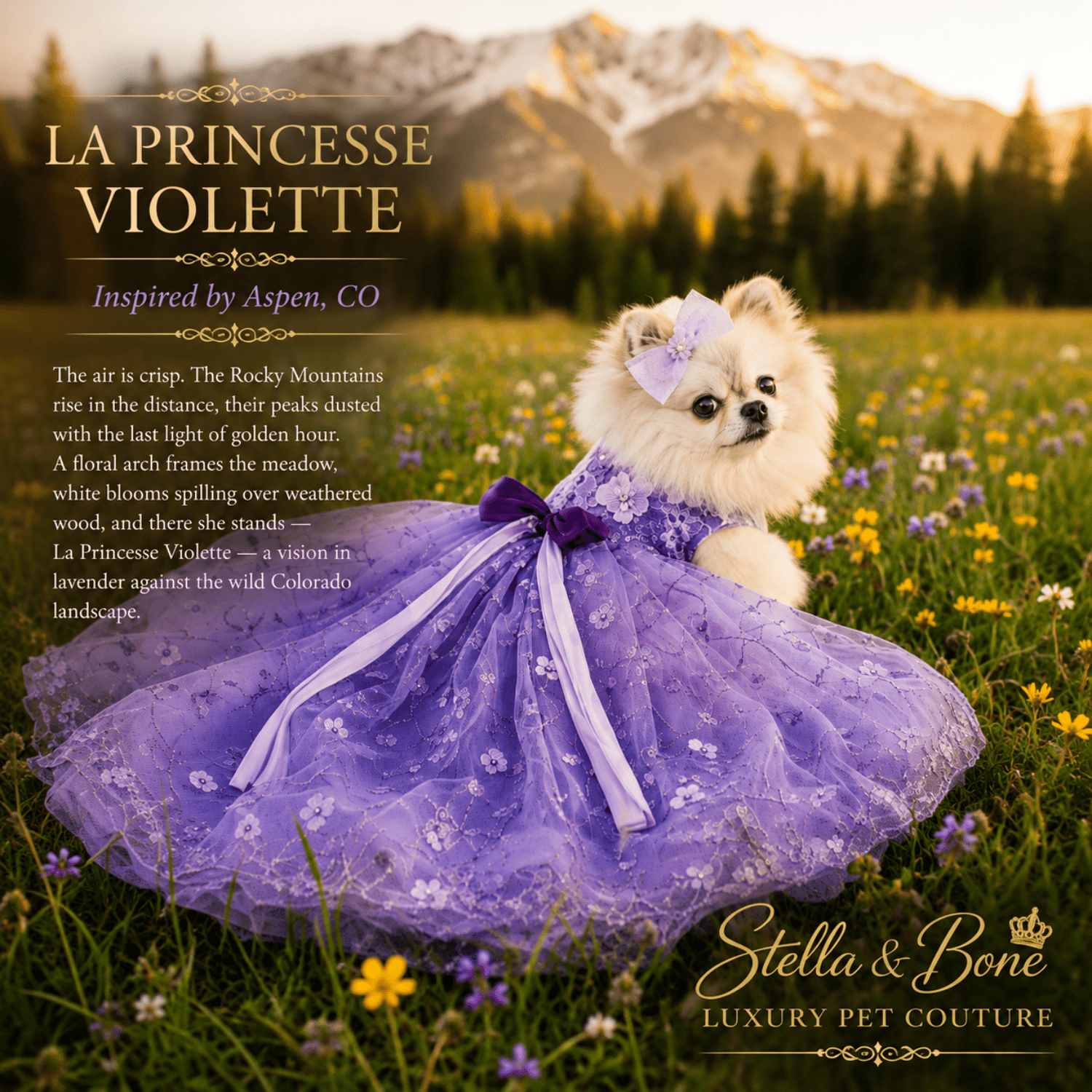 La Princesse Violette purple lavender dog gown — luxury princess gown for weddings birthdays and formal pet events