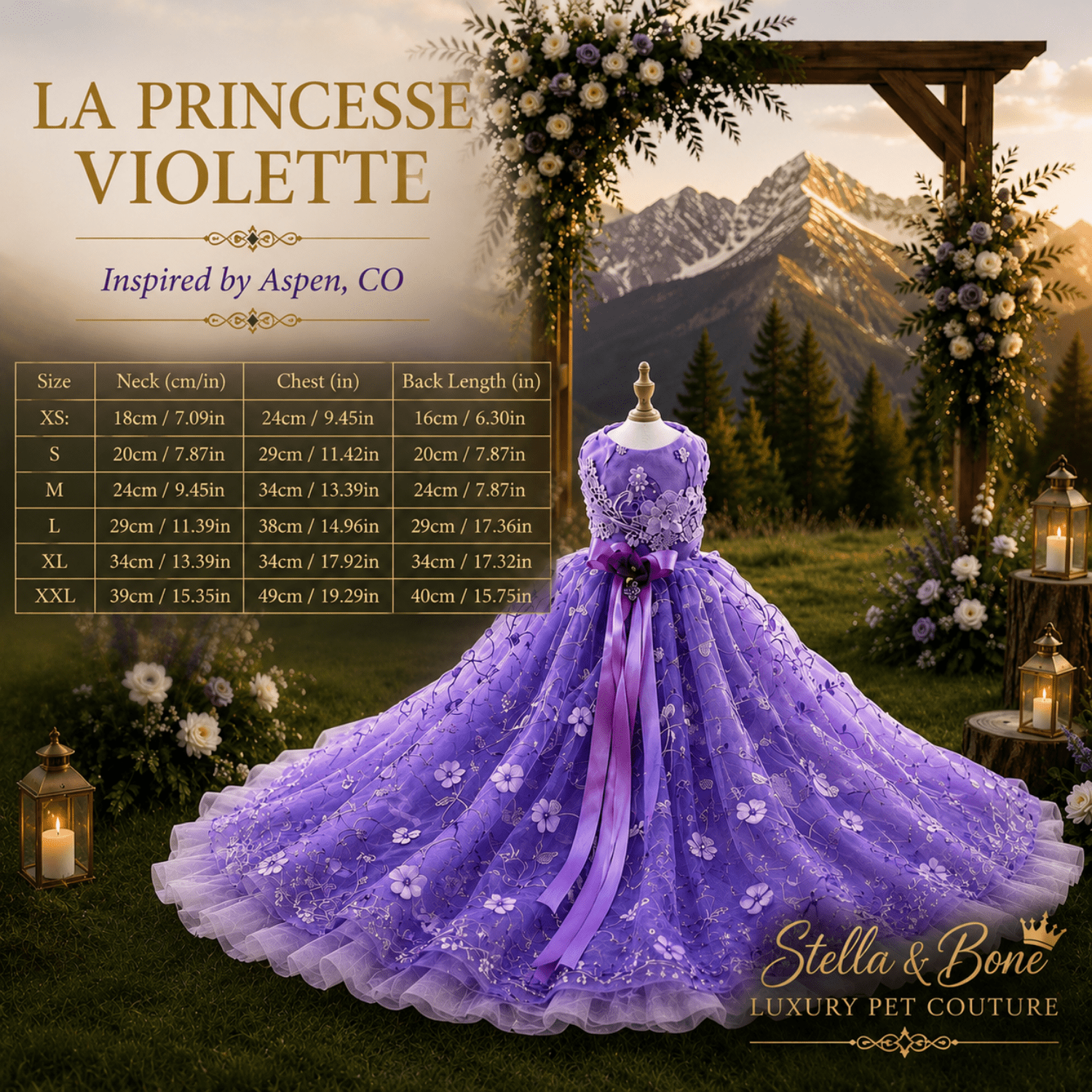 La Princesse Violette purple dog gown size chart XS to XL — neck chest and back measurements in cm and inches