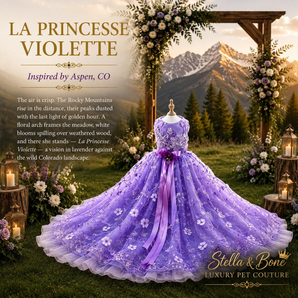 La Princesse Violette lavender floral dog gown at Aspen Colorado floral arch — purple princess gown for outdoor weddings
