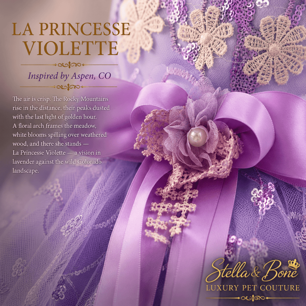 La Princesse Violette close-up of purple satin bow with lace flower and pearl — couture dog gown detail for weddings