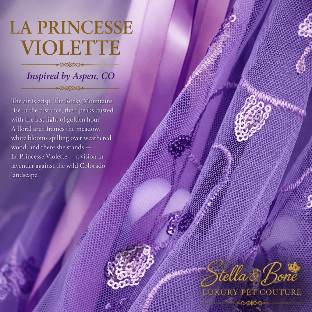 La Princesse Violette close-up of purple sequin floral embroidery on layered tulle — luxury formal dog gown fabric detail