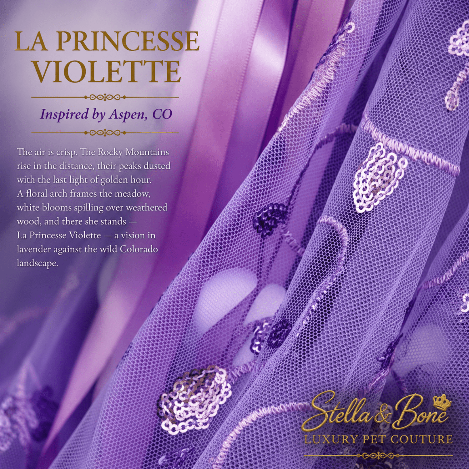 La Princesse Violette close-up of purple sequin floral embroidery on layered tulle — luxury formal dog gown fabric detail