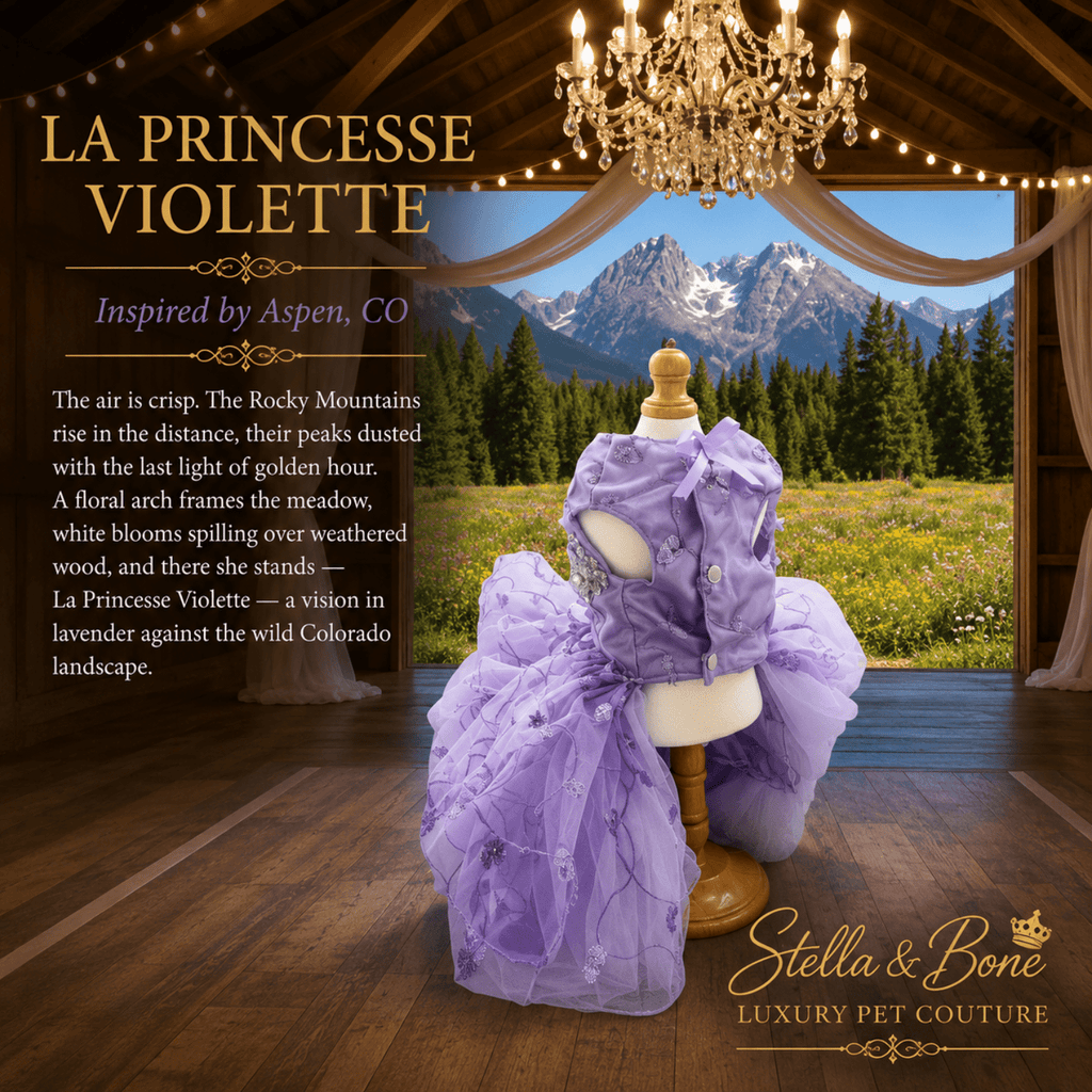 La Princesse Violette lavender dog gown on mannequin in Aspen barn — formal purple dog gown for weddings and photo shoots