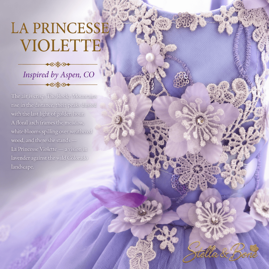 La Princesse Violette white lace floral bodice with 3D flowers and rhinestone centers, dog gown for special occasions