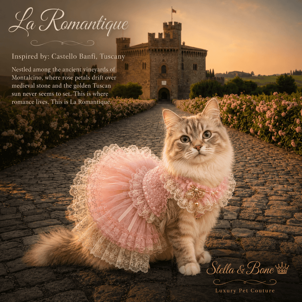 A fluffy long-haired cat wearing La Romantique, a pink lace and tulle pet dress sits on a cobblestone path at sunset.