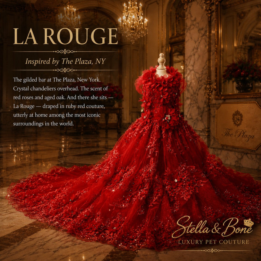 La Rouge ruby crystal couture dog gown at The Plaza New York — red formal dog gown for weddings and photo shoots