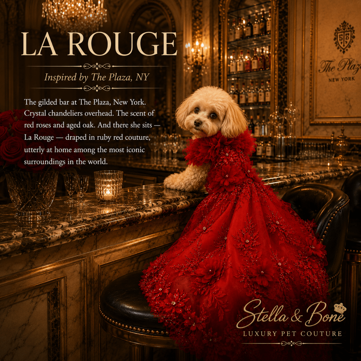 Poodle in La Rouge ruby red dog gown at The Plaza New York bar — couture red dog gown for formal events and photo shoots
