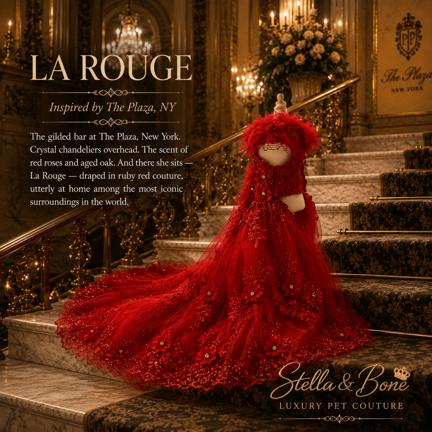 La Rouge red couture dog gown with sweeping train on The Plaza New York staircase — luxury formal dog gown