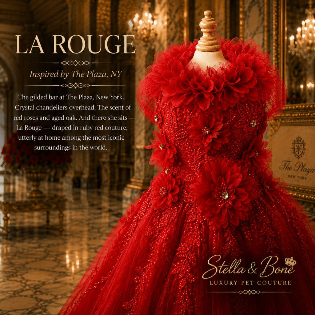 La Rouge close-up of 3D red floral bodice with crystal accents — ruby couture dog gown for weddings and special occasions