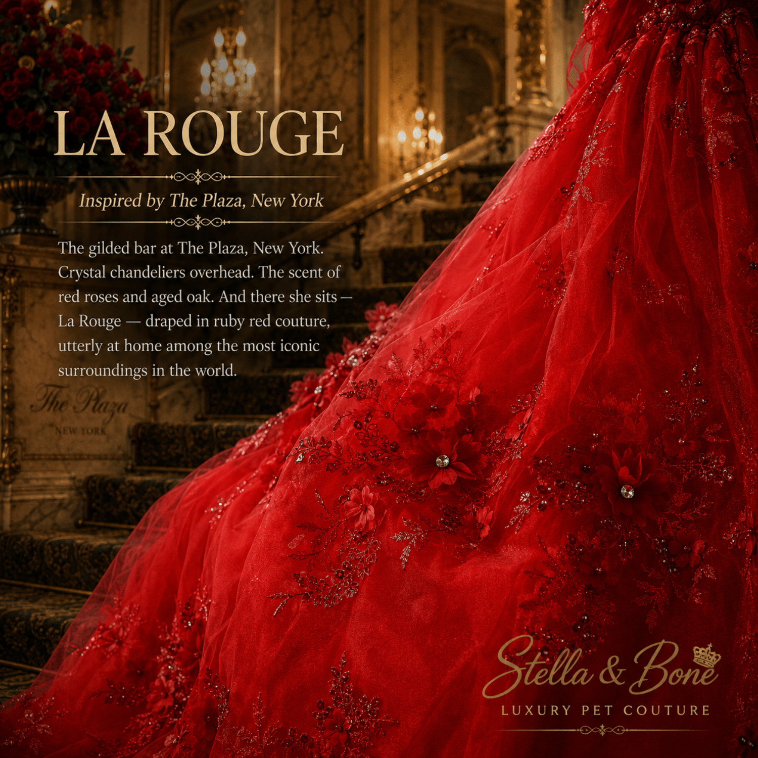 La Rouge sweeping red glitter tulle train with crystal details at The Plaza — luxury red dog gown for formal events