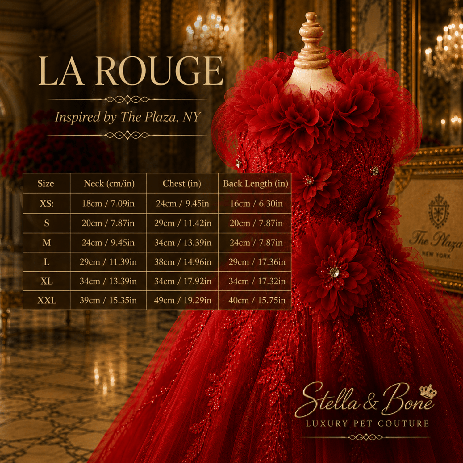 La Rouge ruby crystal dog gown size chart XS to XXL — neck chest and back measurements in cm and inches