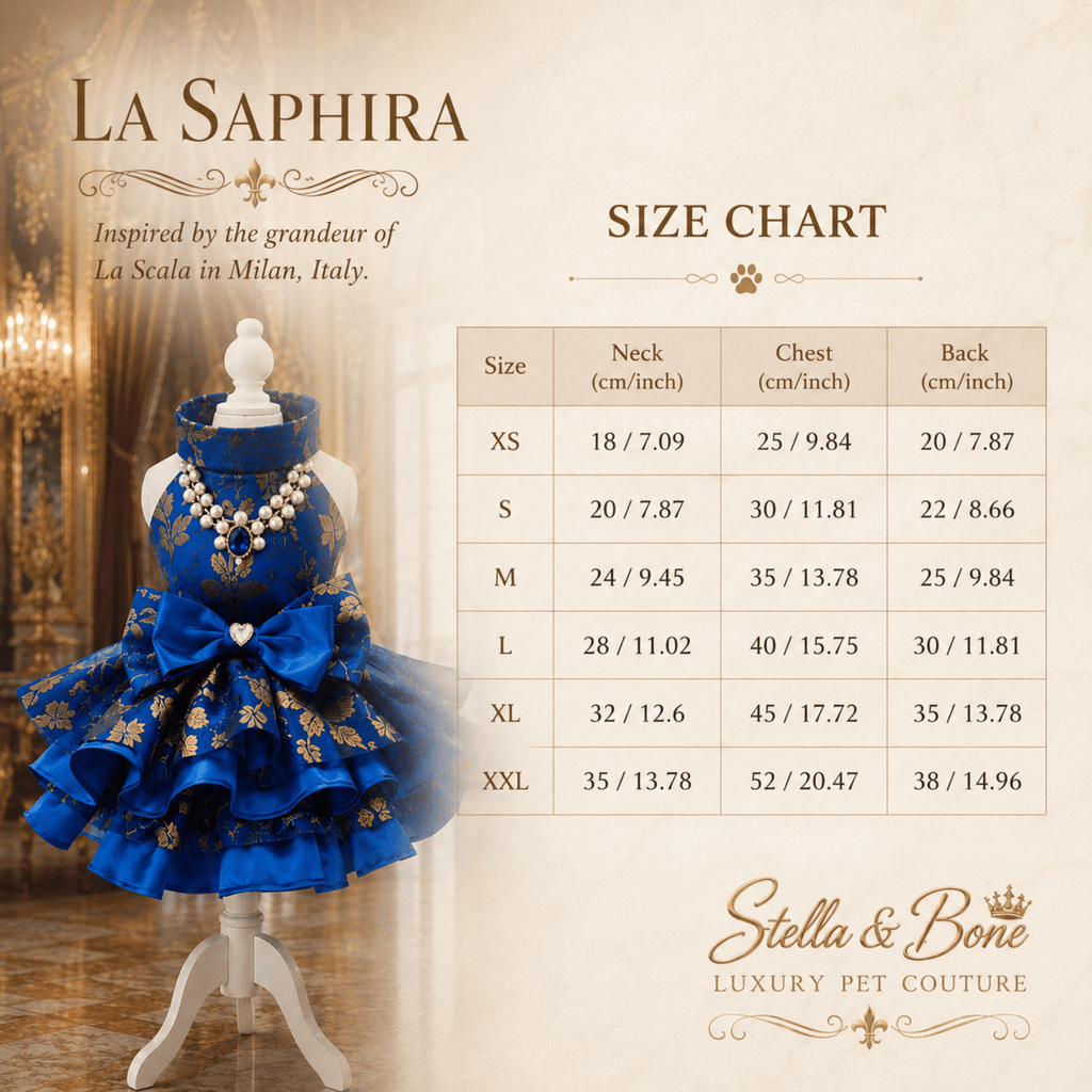 Size chart for La Saphira XS through XXL and custom available for an additional cost