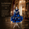 La Saphira royal blue brocade dog gown – shimmering gold floral brocade pattern with high halter neckline