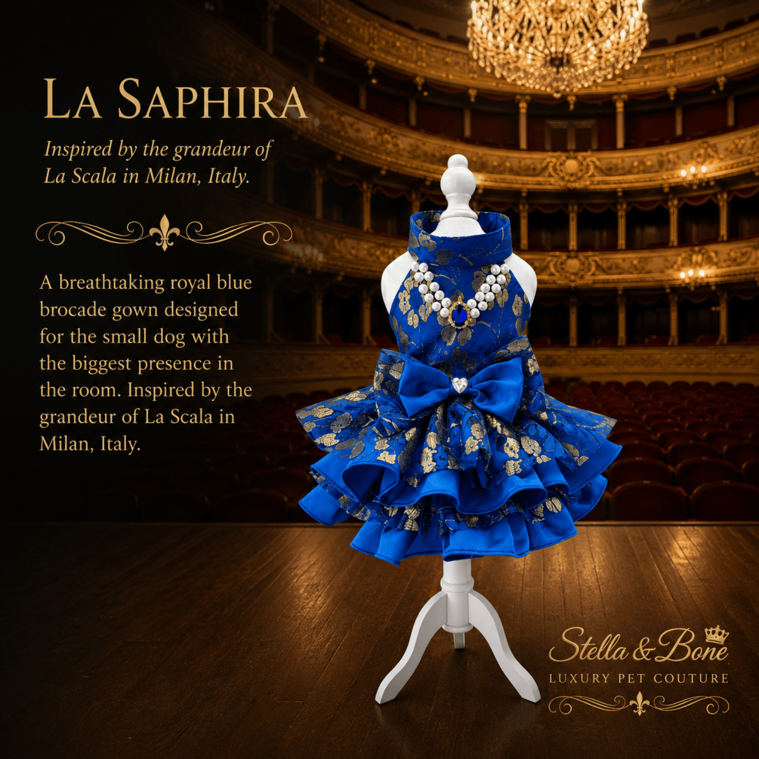 La Saphira blue pearl dog dress – cascading pearl cluster necklace with sapphire blue teardrop pendant centerpiece