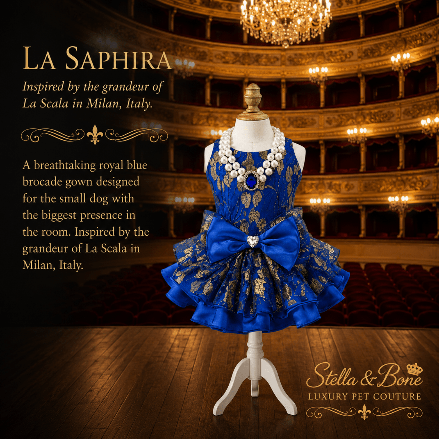 La Saphira royal blue satin dog gown – dramatic waist bow with heart cut crystal center and layered ruffle skirt
