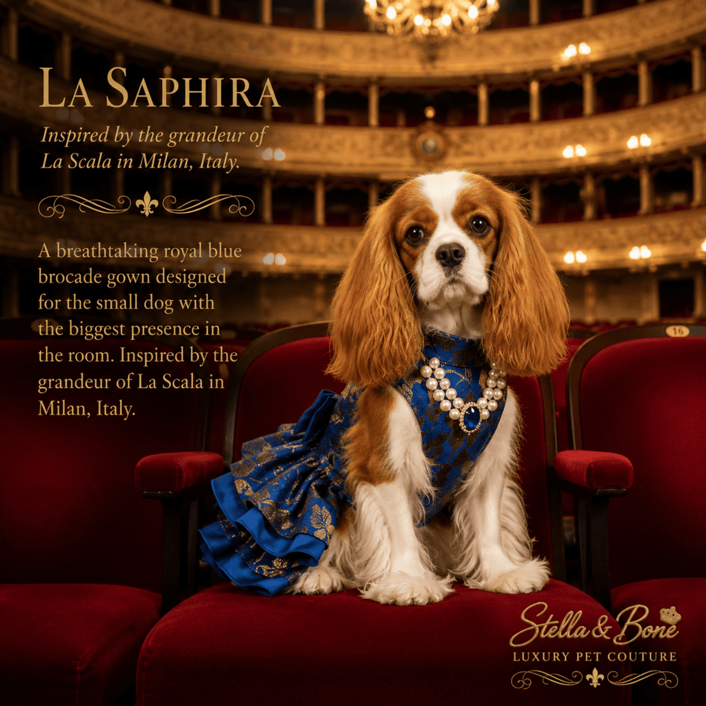 La Saphira luxury dog dress – royal blue and gold brocade couture gown for weddings and luxury pet photoshoots