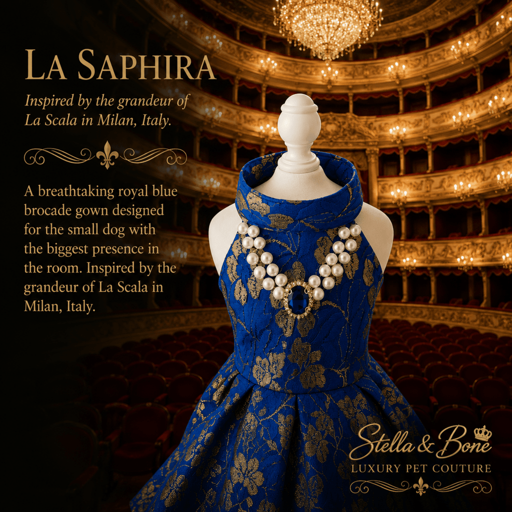 La Saphira royal blue couture dog gown – Teatro alla Scala Milan inspired luxury pet dress for palace worthy photoshoots