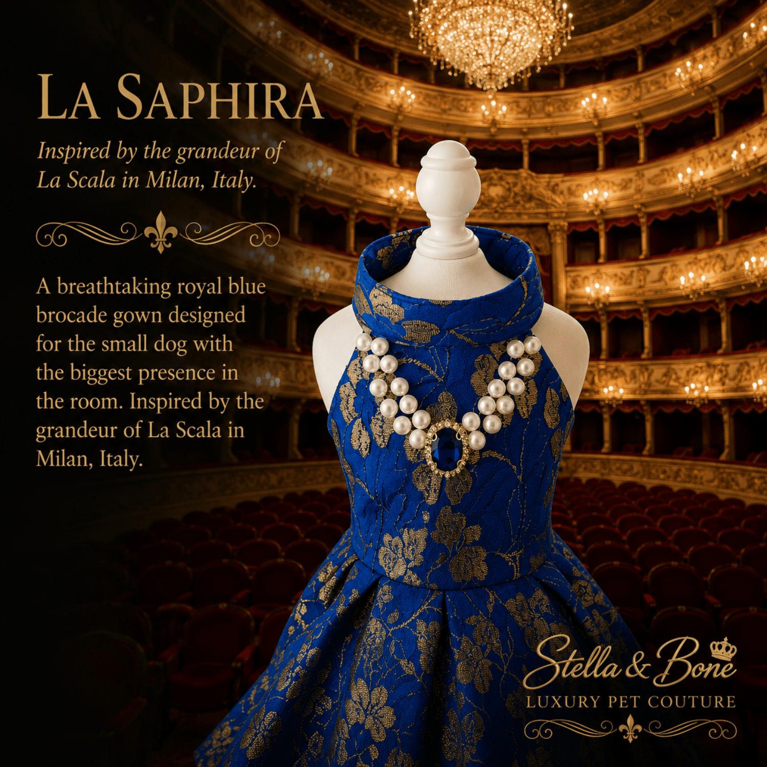 La Saphira royal blue couture dog gown – Teatro alla Scala Milan inspired luxury pet dress for palace worthy photoshoots