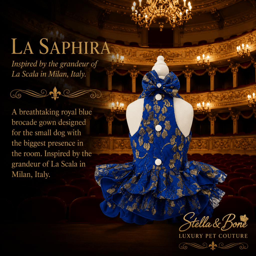Mannequin back of La Saphira royal blue couture dog gown - Worthy of destination and photoshoots.