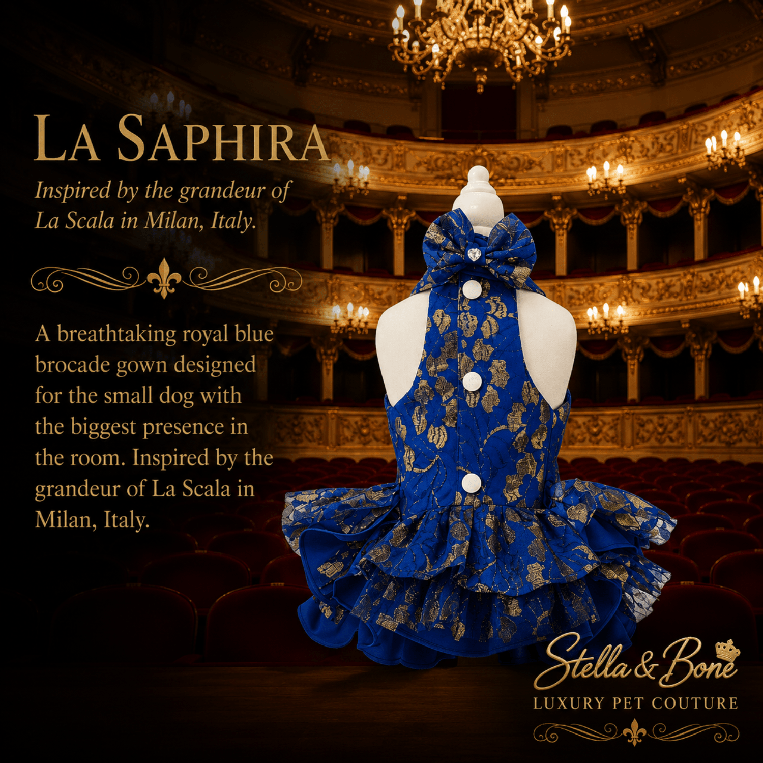 Mannequin back of La Saphira royal blue couture dog gown - Worthy of destination and photoshoots.