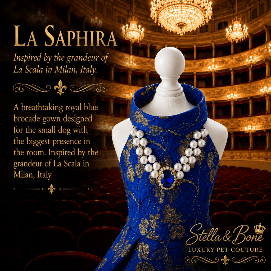 Close-up detail of La Saphira couture dog gown in Milan, Italy. Great for formal, weddings, birthday, and photo shoots.