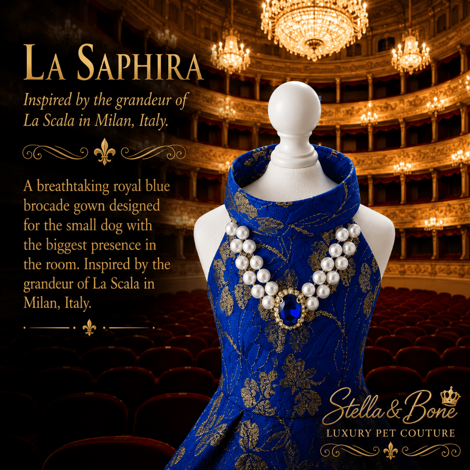 Close-up detail of La Saphira couture dog gown in Milan, Italy. Great for formal, weddings, birthday, and photo shoots.