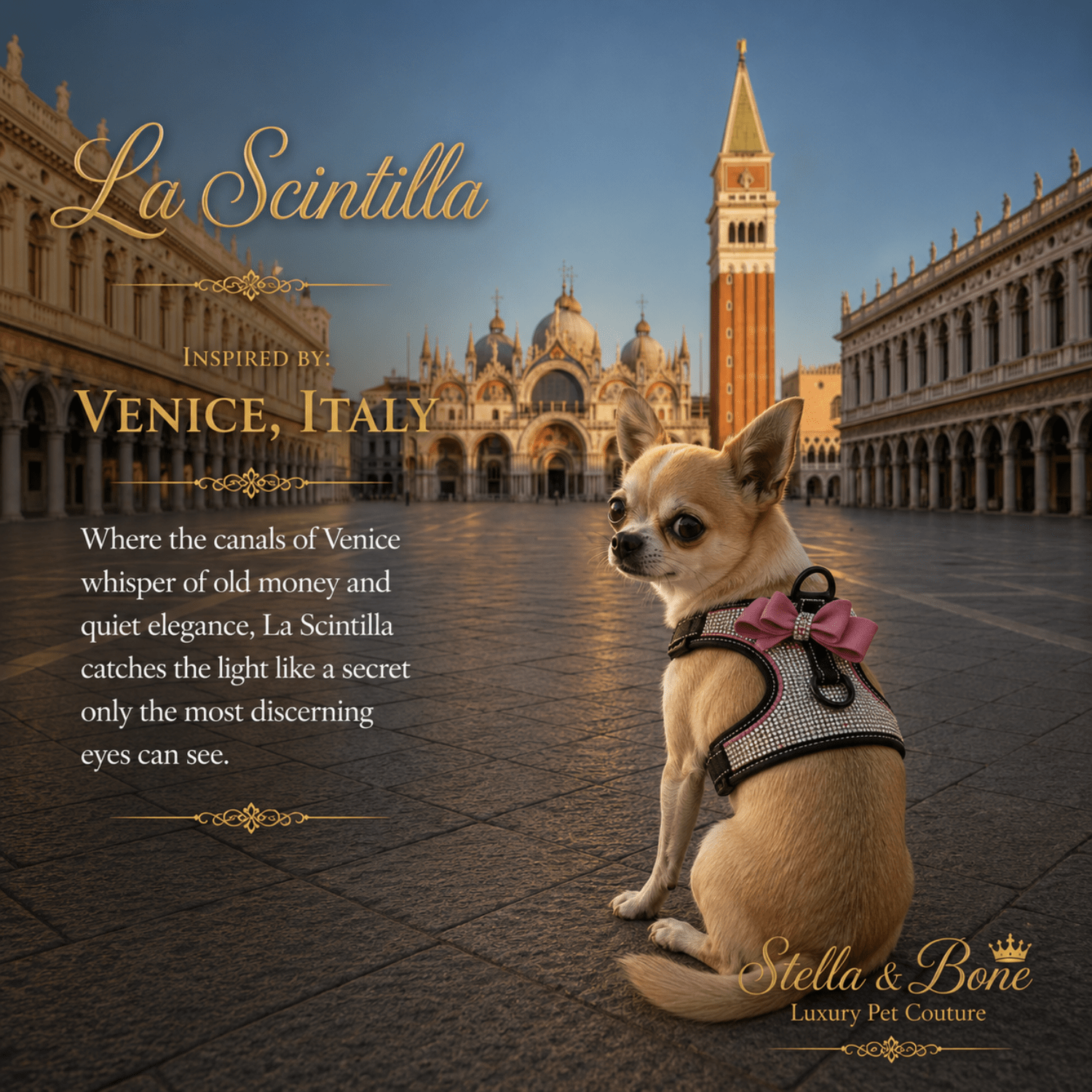 Chihuahua wearing La Scintilla, a pink and black harness sits in the plaza featuring St. Mark's Square and the Campanile.