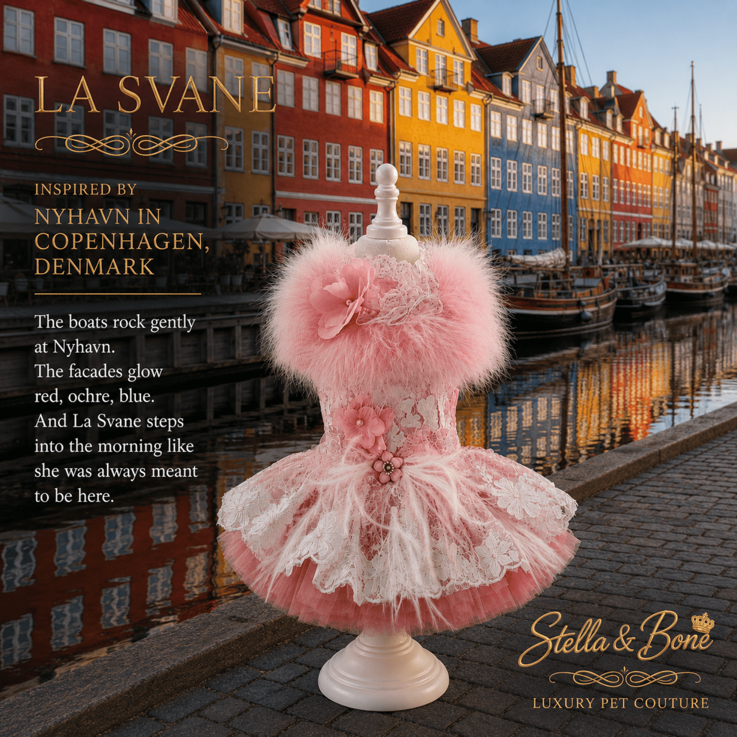 La Svane on a mannequin on the streets of Copenhagen's Nyhavn. Blush feather couture gown for dogs curated by Stella and Bone