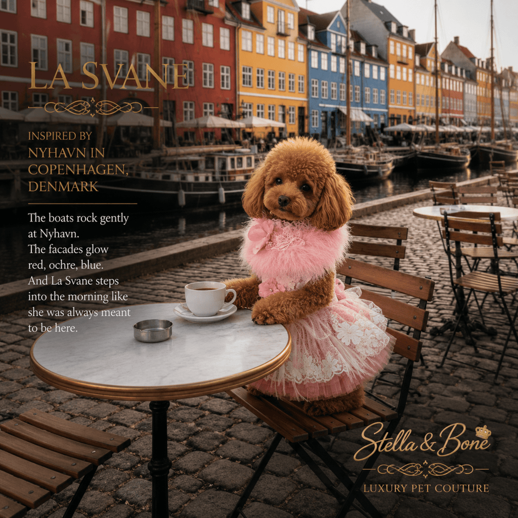 A small dog dining in Copenhagen wearing La Svane, a blush feather couture gown, great for parties, birthday, and weddings