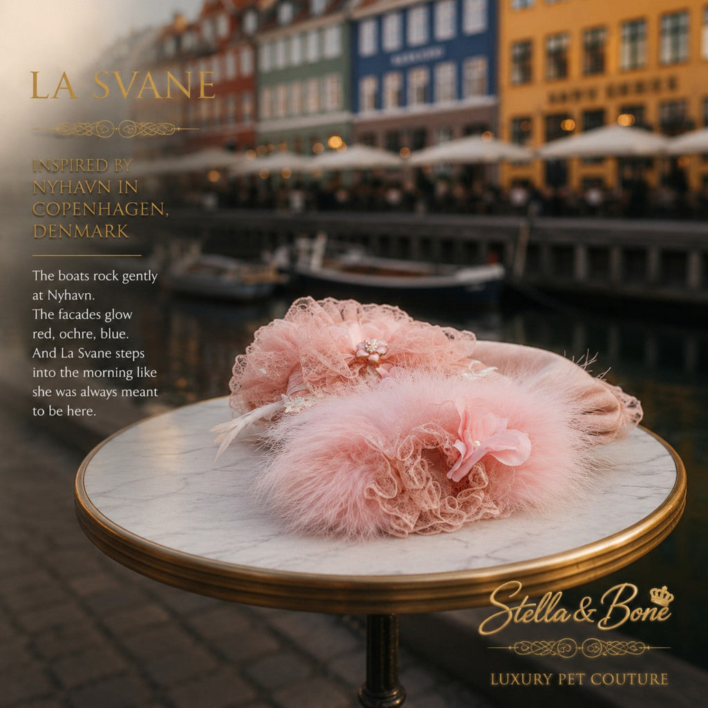 La Svane closeup, Blush Feather Couture Gown for dogs. Luxury pet couture curated by Stella and Bone.