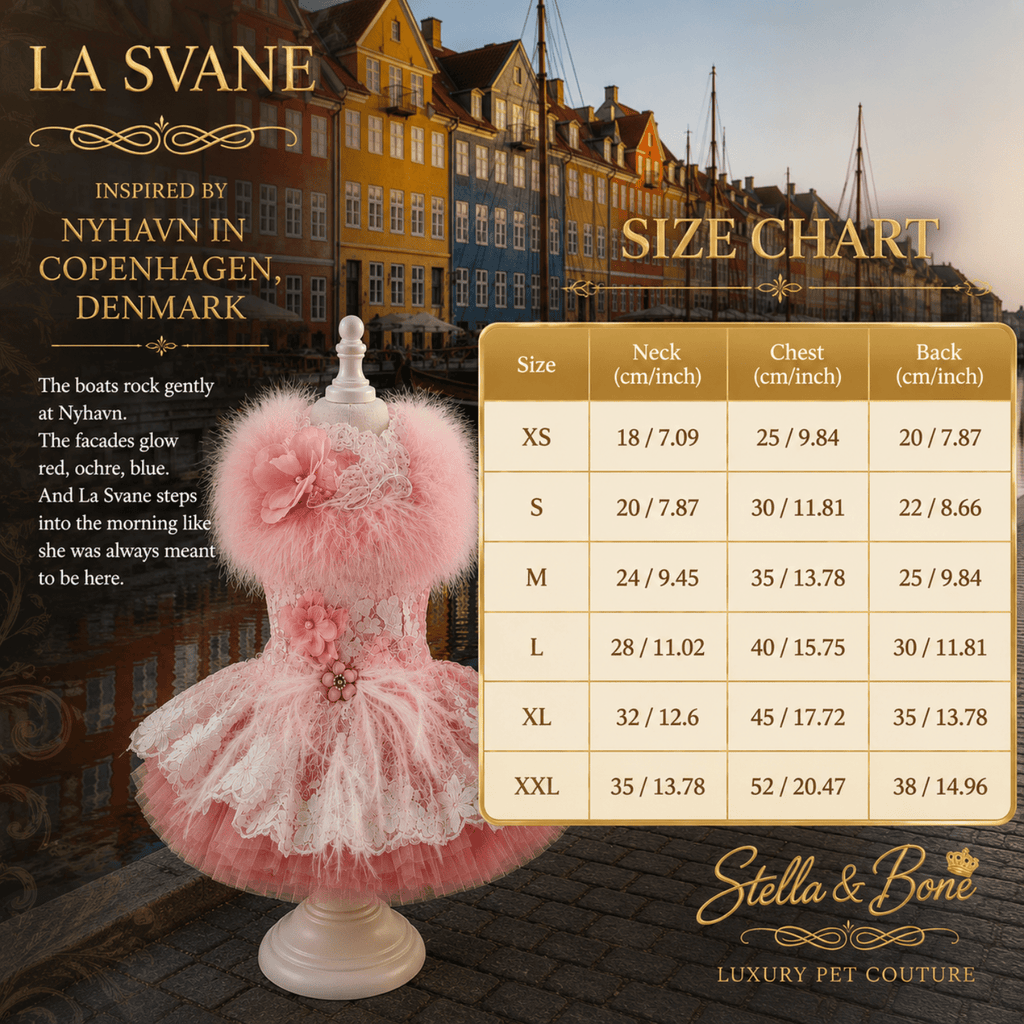 La Svane, named for the swan, size chart. Couture gown for dogs. Perfect for birthdays, weddings - any special occasion.