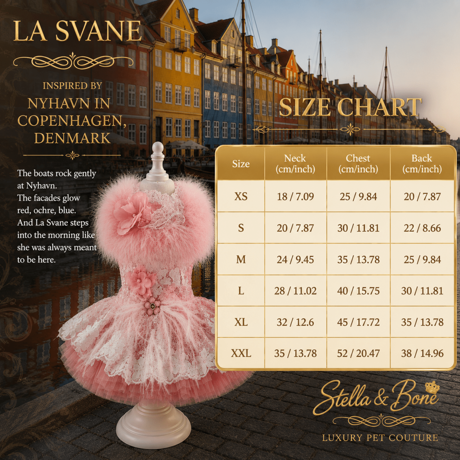 La Svane, named for the swan, size chart. Couture gown for dogs. Perfect for birthdays, weddings - any special occasion.