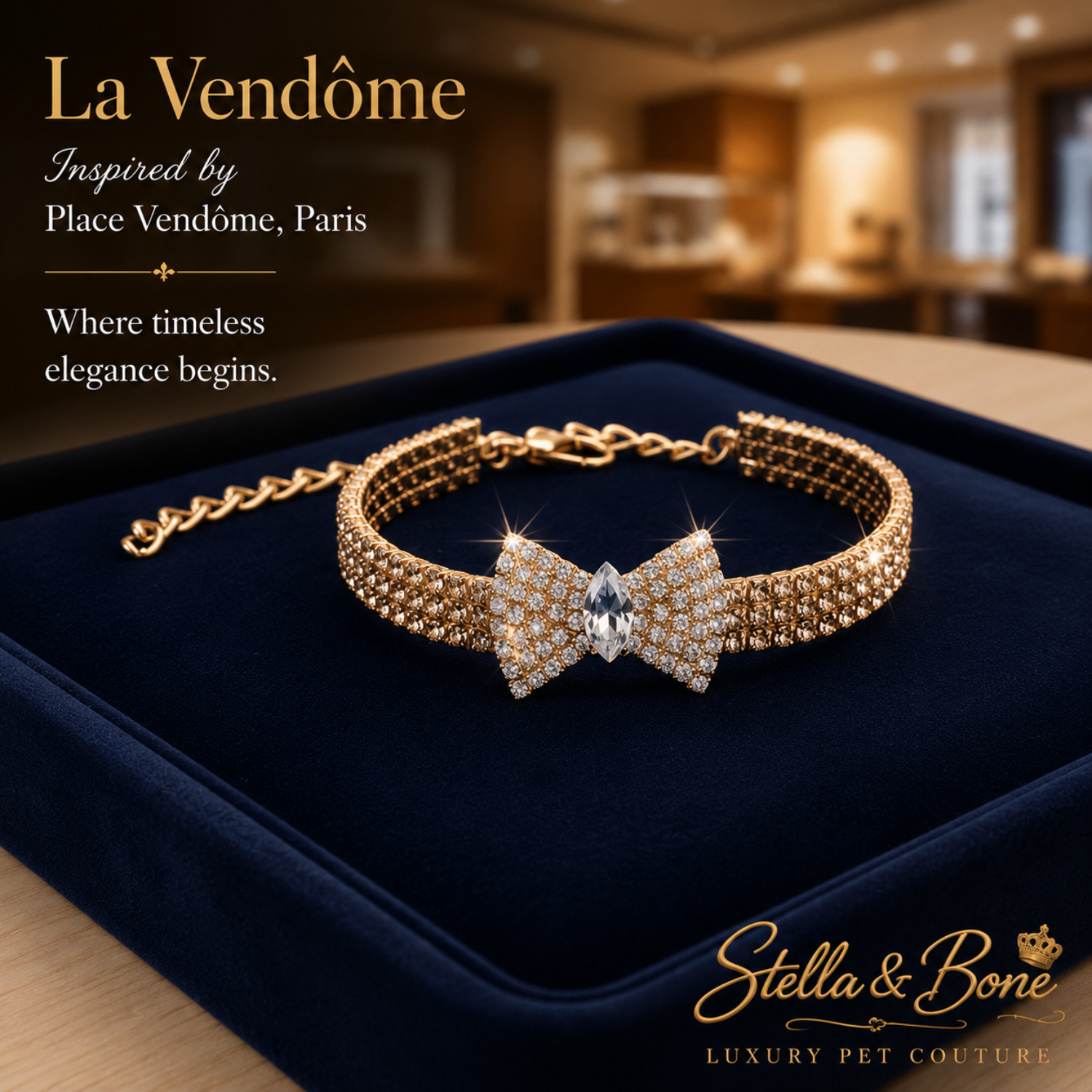 La Vendome, gold-tone pet collar with a large rhinestone-encrusted bow centerpiece, Great for weddings.