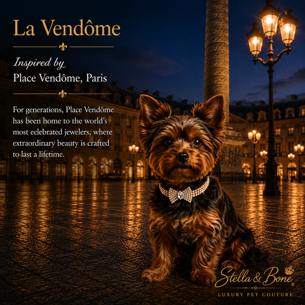 Yorkie wearing La Vendome, crystal necklace with center rhinestone in bow. Weddings and special occasions
