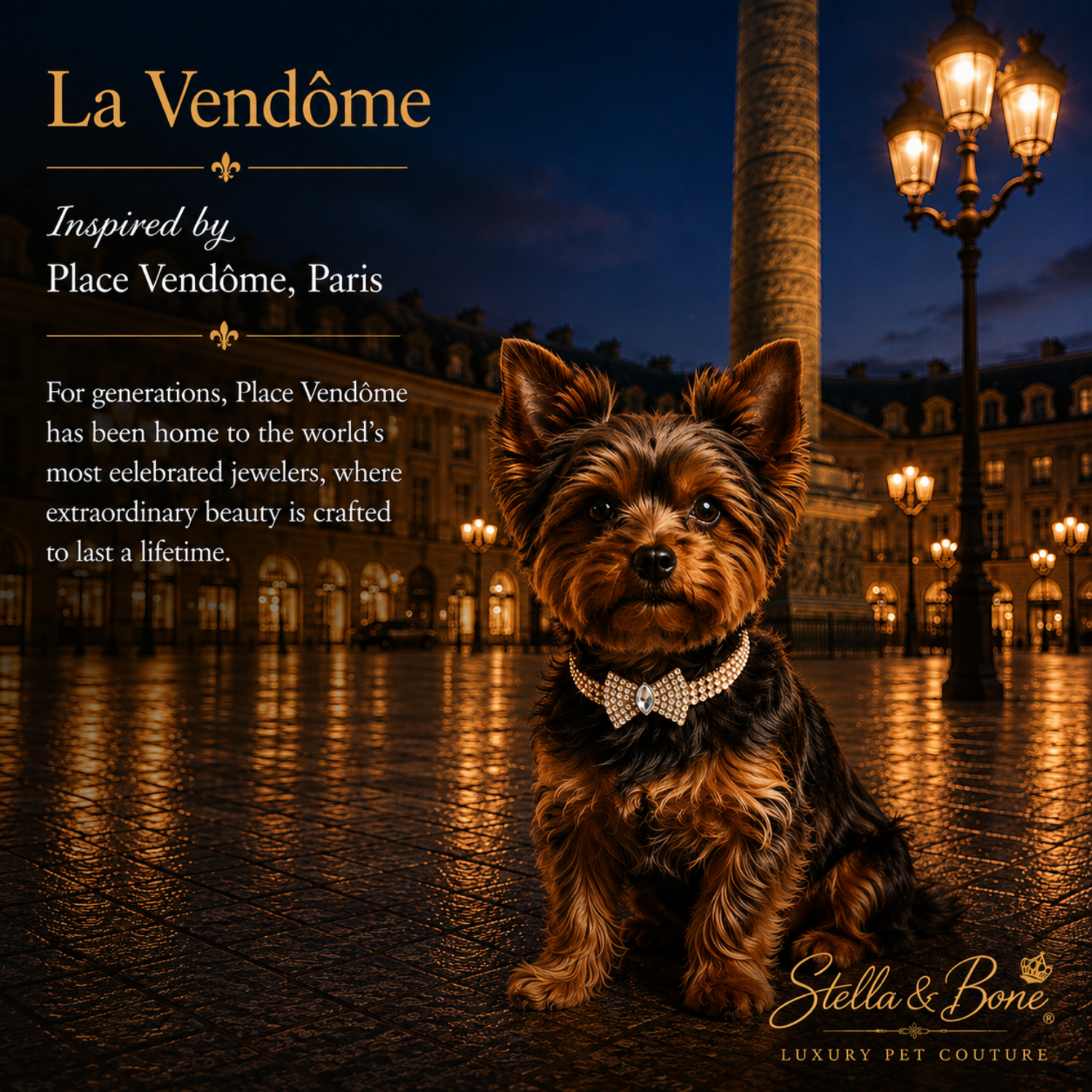 Yorkie wearing La Vendome, crystal necklace with center rhinestone in bow. Weddings and special occasions