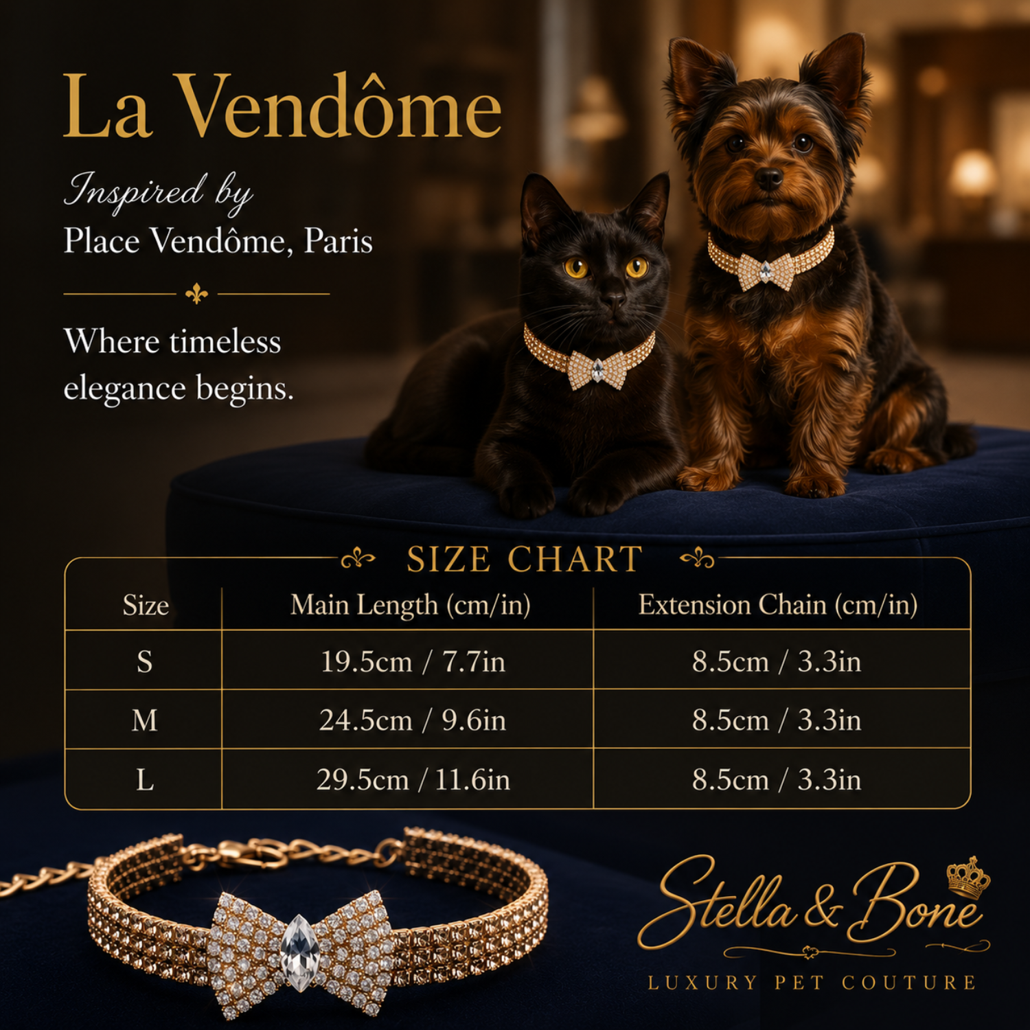 Size chart for La Vendome, crystal necklace for dogs and cats, S-L. Great for wedding, birthday, photoshoot