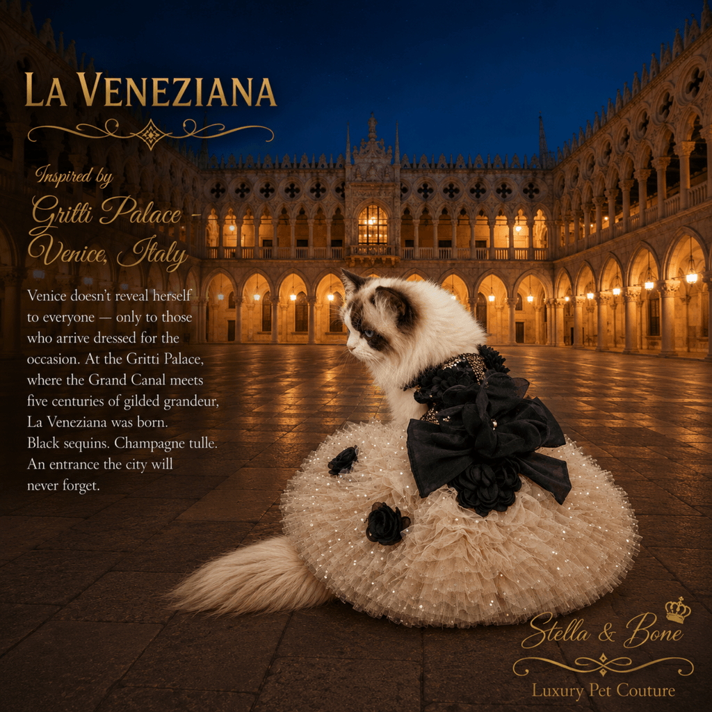 A cat wearing La Veneziana - shimmering black floral appliques, 3D floral shoulder accents. Great for special occasions.