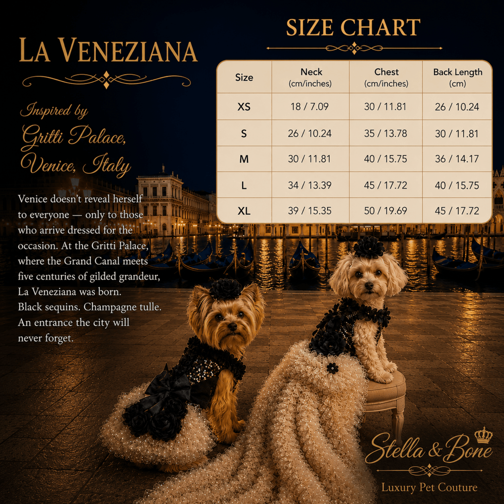 La Veneziana size chart, showing one dog wearing the dress and the other with the train attached. Black and Champagne.