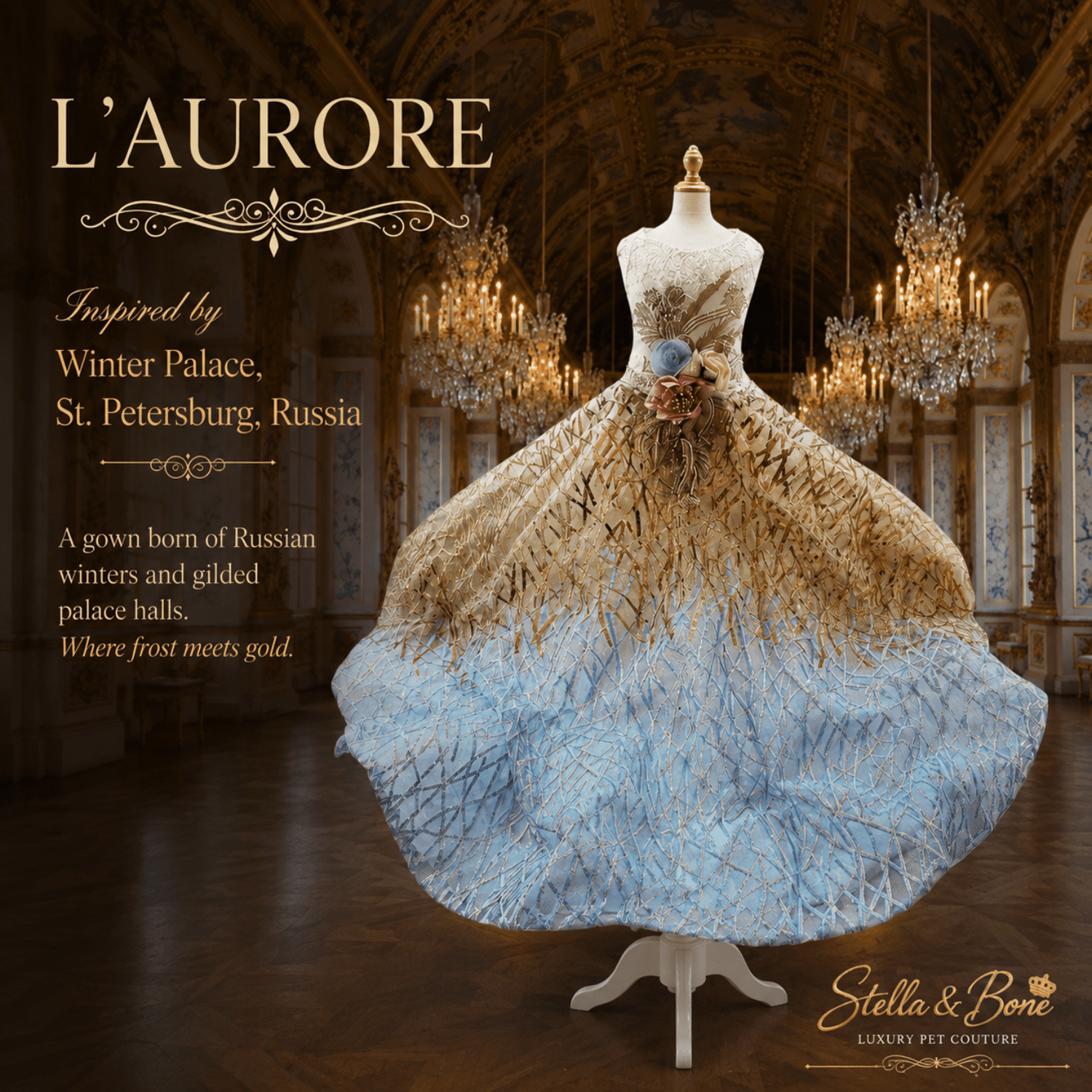 L Aurore gold sequin dog wedding gown on mannequin in gilded palace ballroom — princess dog dress with train.