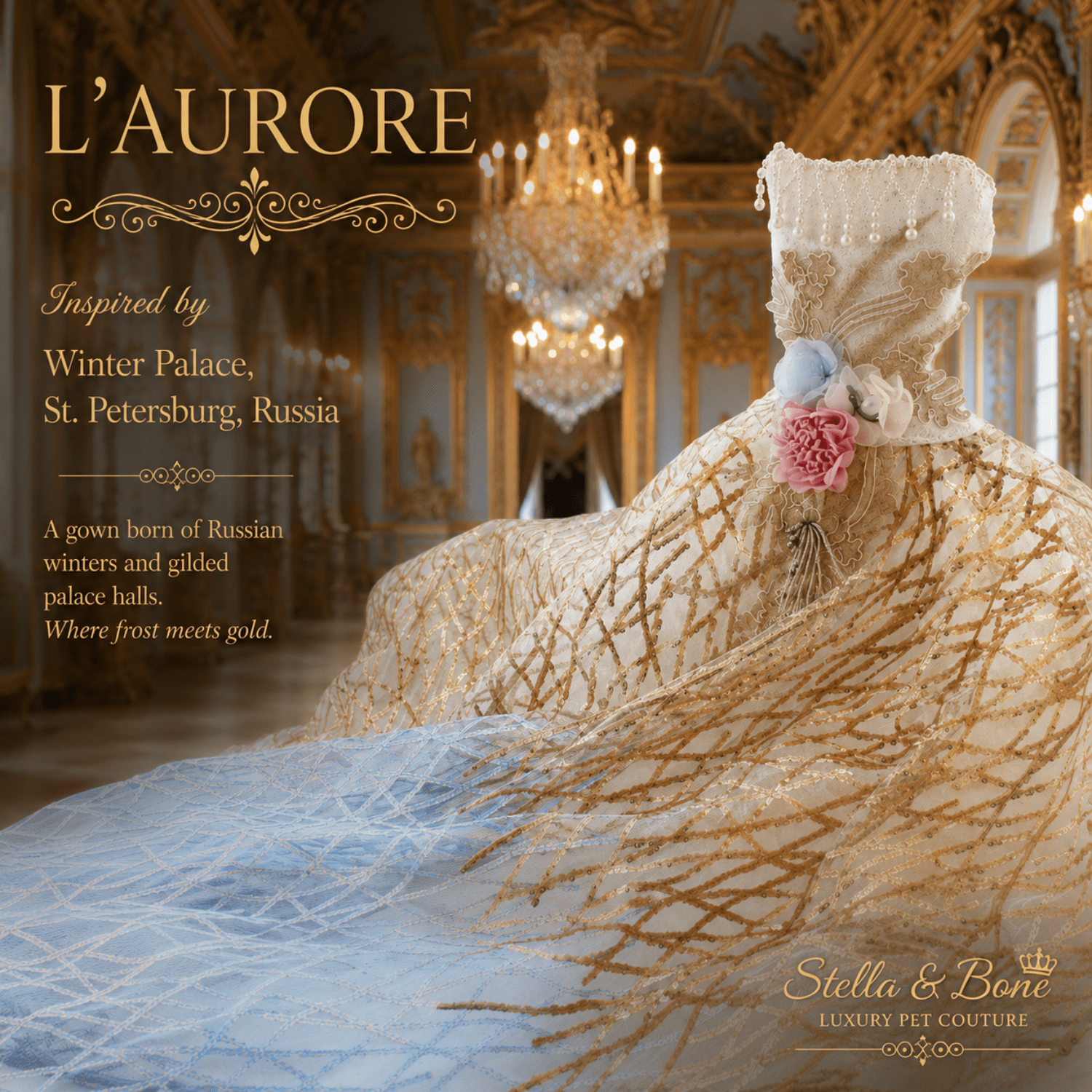 L Aurore gold embroidery bodice with draped pearl strands — luxury pearl dog gown for weddings and formal events